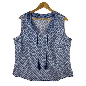 Talbots Floral Sleeveless Top Women's‎ 2X Blue Tassel Tie Coastal Beachy Casual